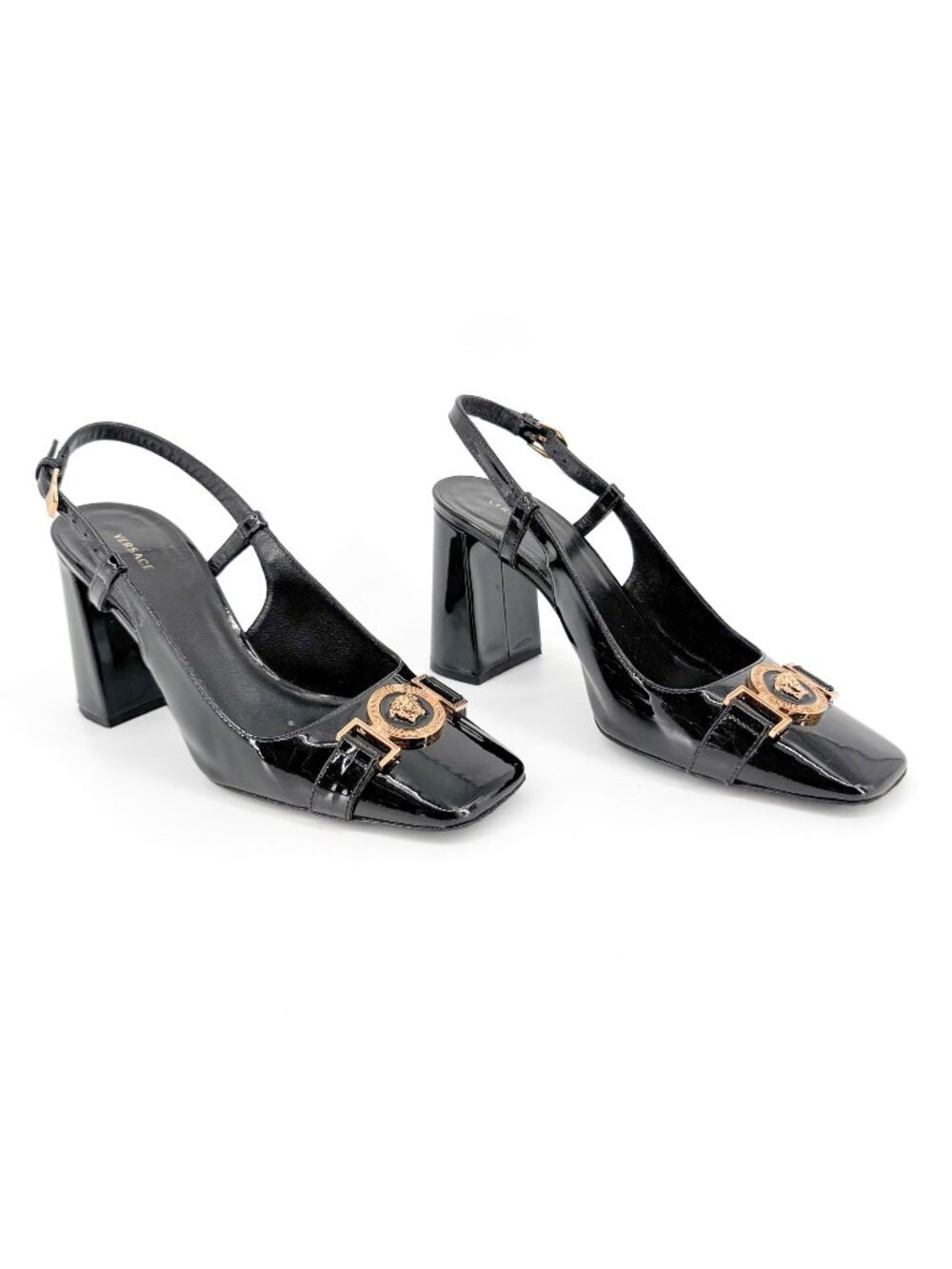 Versace Medusa Slingback Pumps Size 37 US 7 Black Patent Leather Block Heel